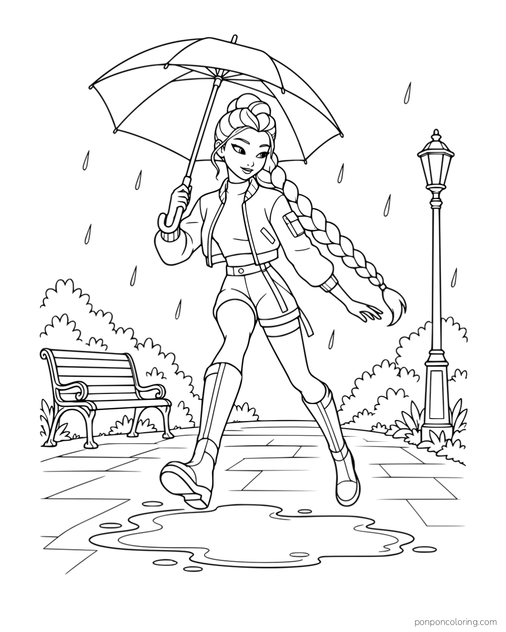 Rumi stepping across a puddle while holding an umbrella near a park bench and lamp.