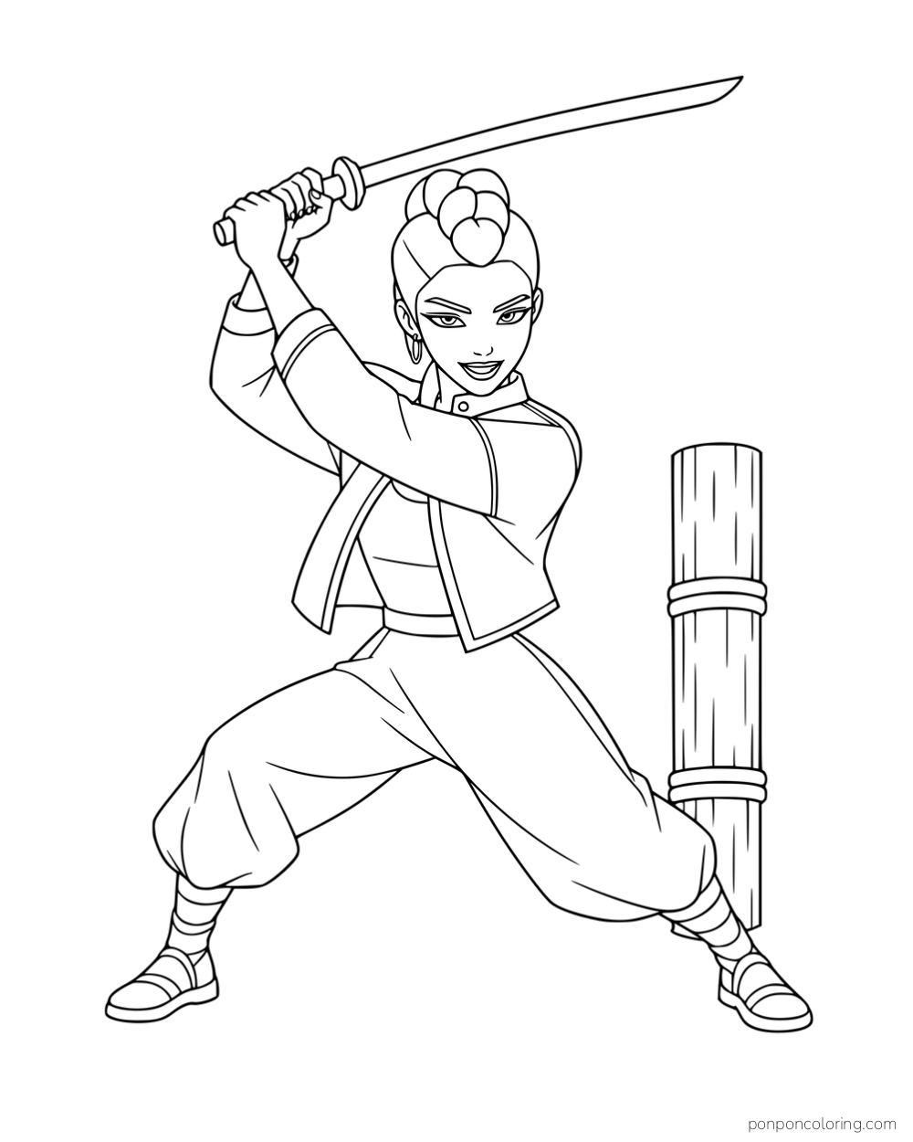 Rumi raising a sword above her head beside a wooden training post.