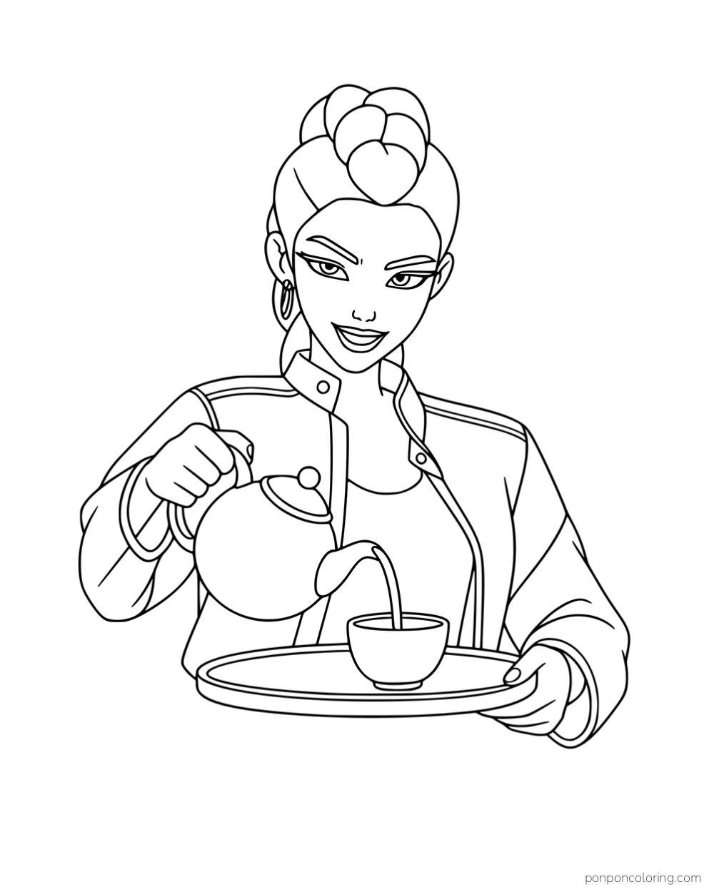 Rumi pouring from a teapot into a cup on a tray.