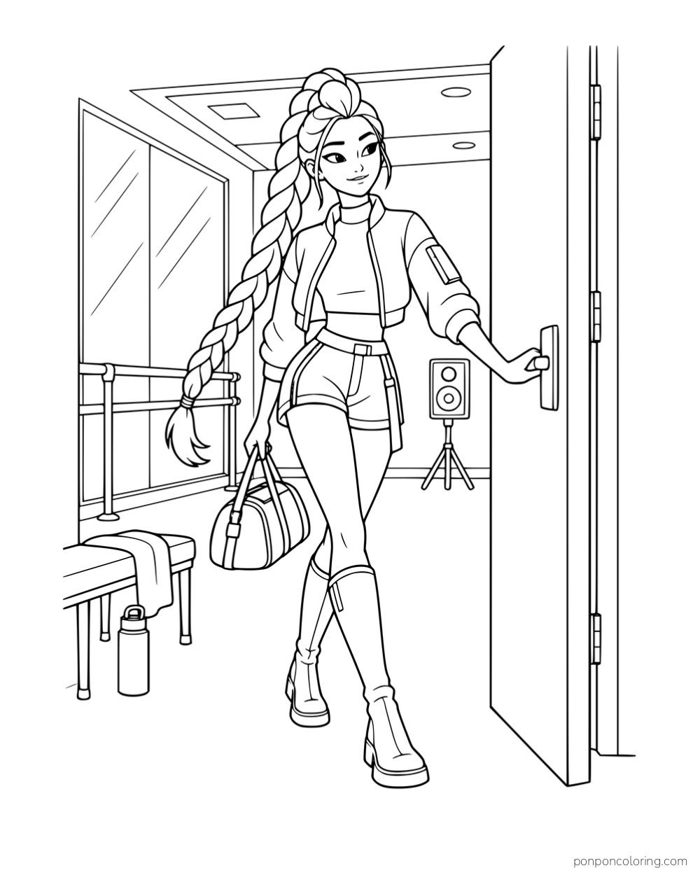 Rumi opening a rehearsal-room door while carrying a duffel bag.
