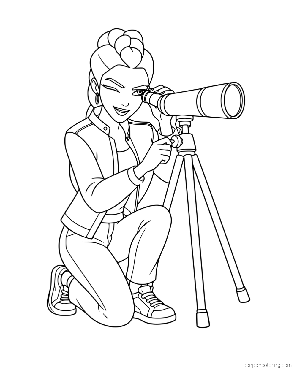 Rumi kneeling and looking through a telescope.