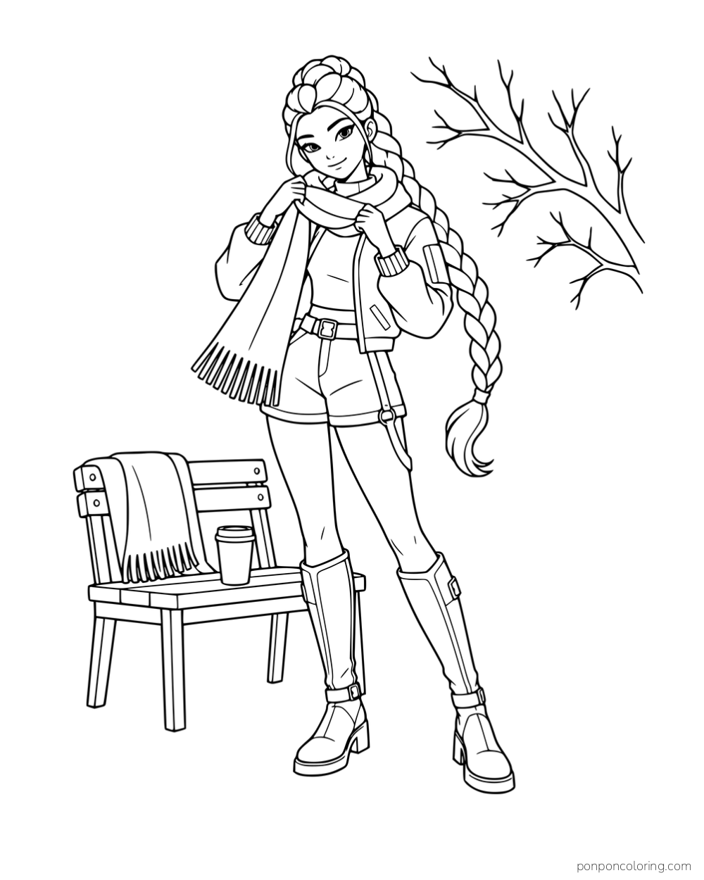 Rumi wrapping a fringed scarf around her neck beside a chair and bare branch.
