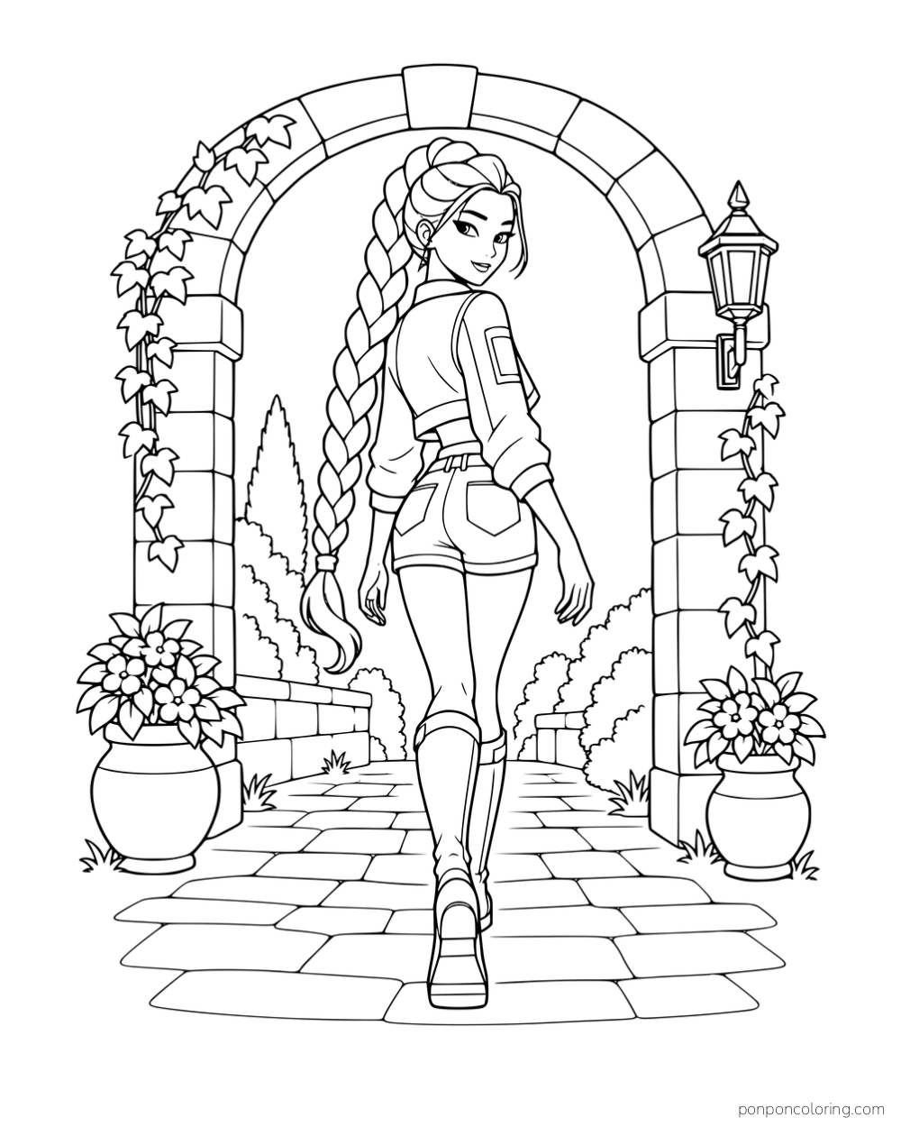Rumi looking back while walking through a stone garden arch with flowerpots on both sides.