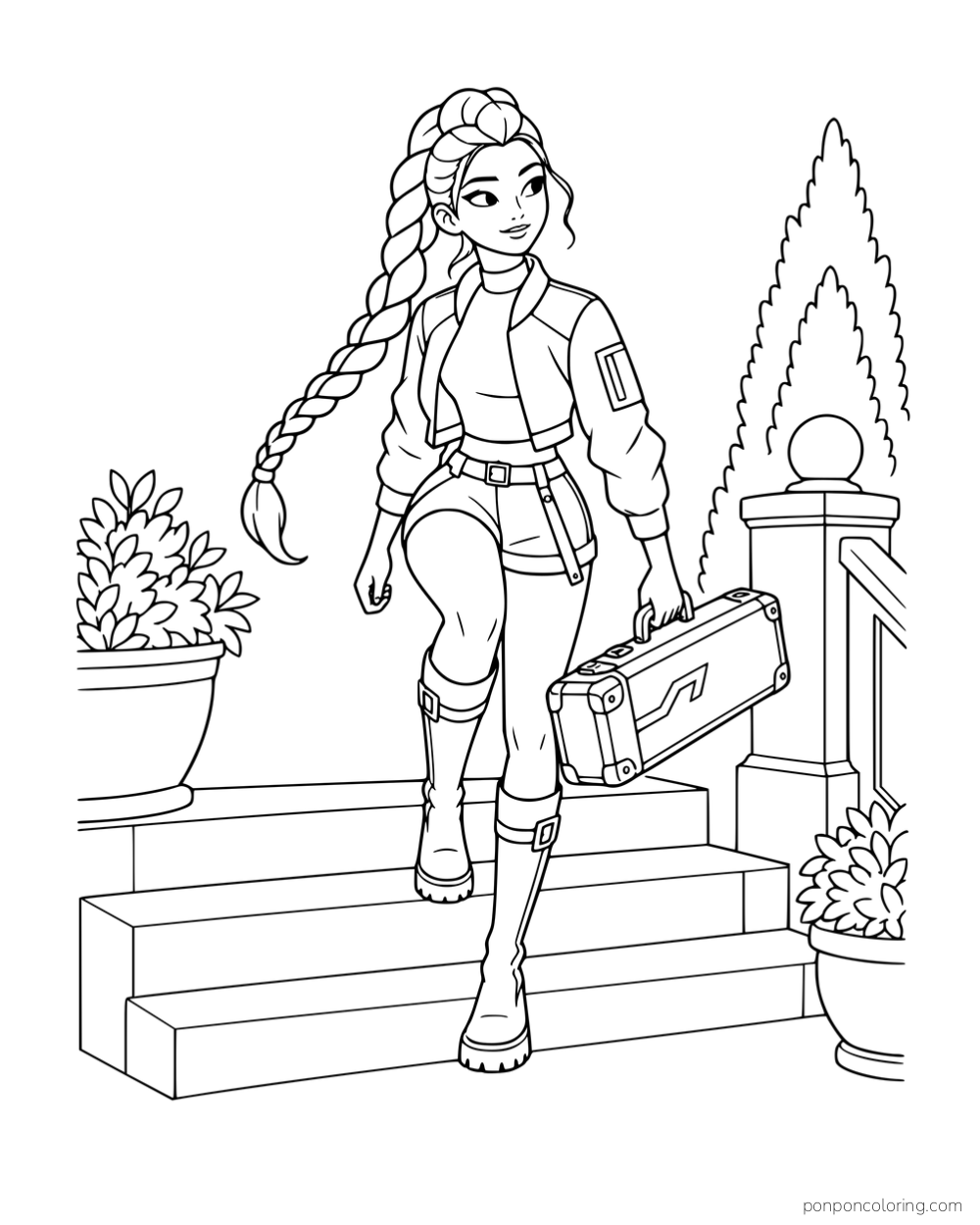 Rumi carrying a rectangular case on garden steps beside a stone railing.
