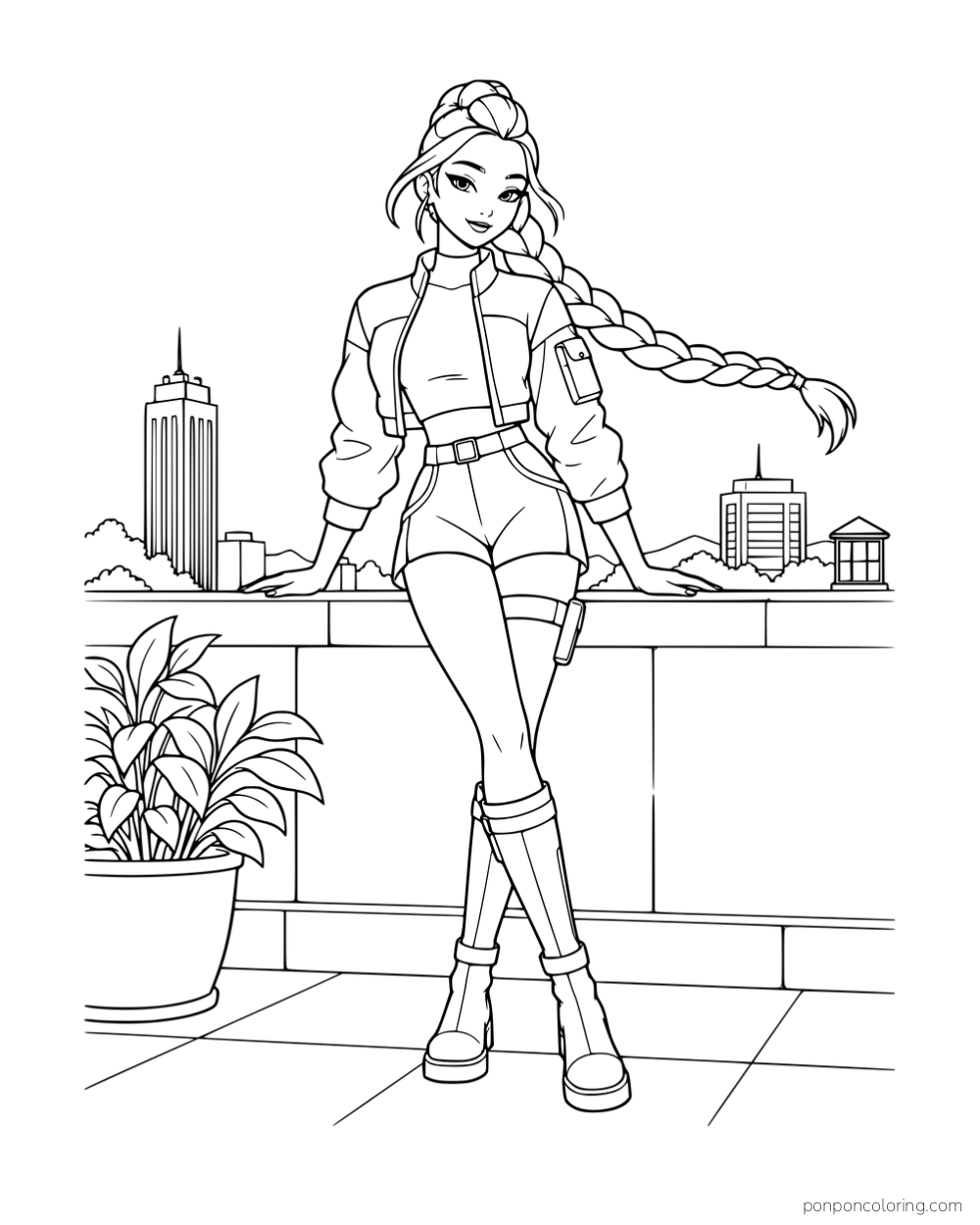 Rumi leaning against a rooftop wall with her long braid blowing across the city skyline.