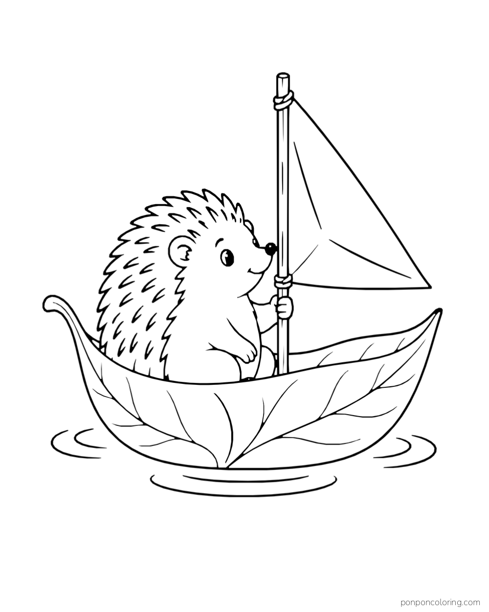 A hedgehog sits in a leaf-shaped boat with a small triangular sail on calm water.