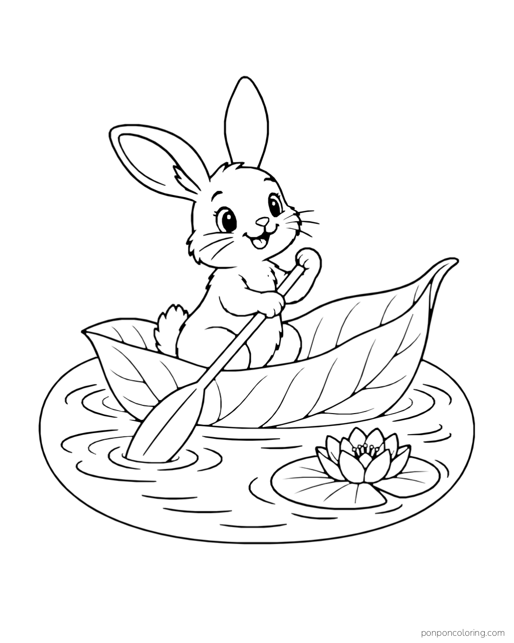 A rabbit paddles a large leaf boat on a small oval pond.