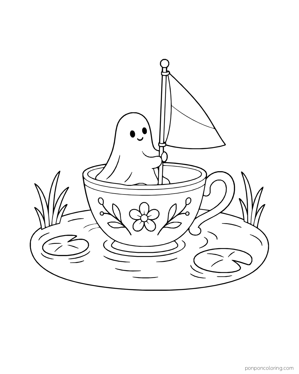 A little ghost rides a flowered teacup sailboat among lily pads.
