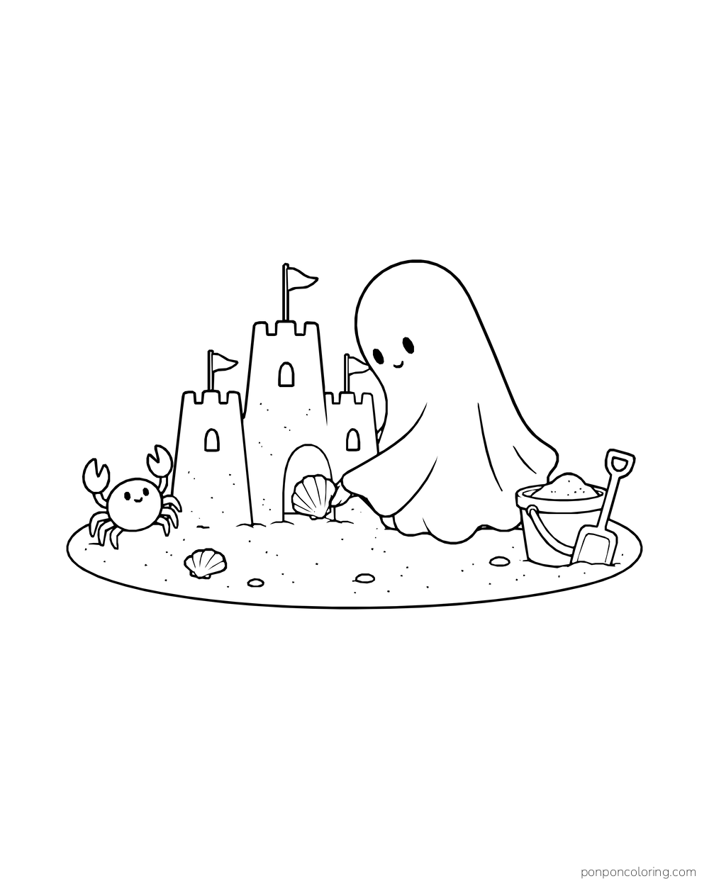 A ghost builds a sandcastle beside a crab and beach toys.