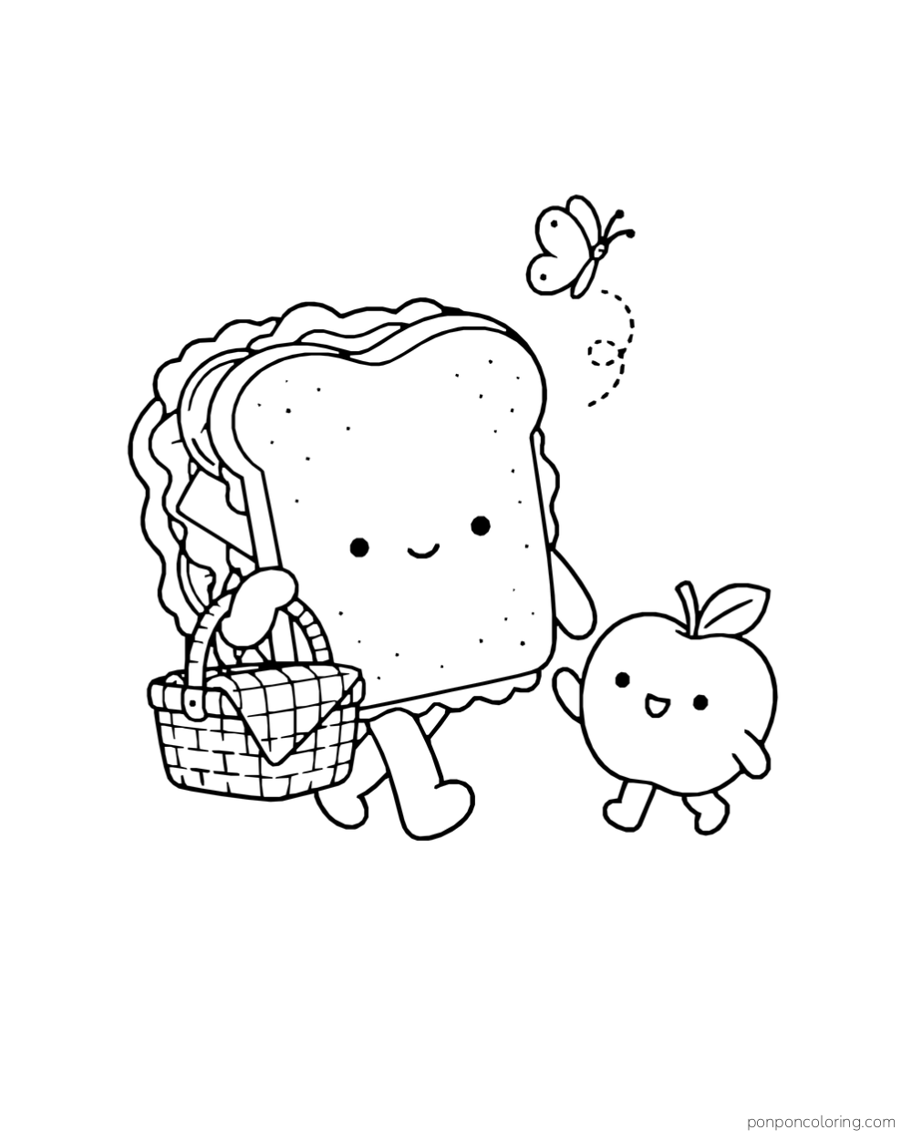 A sandwich carries a picnic basket while walking with an apple beneath a butterfly.