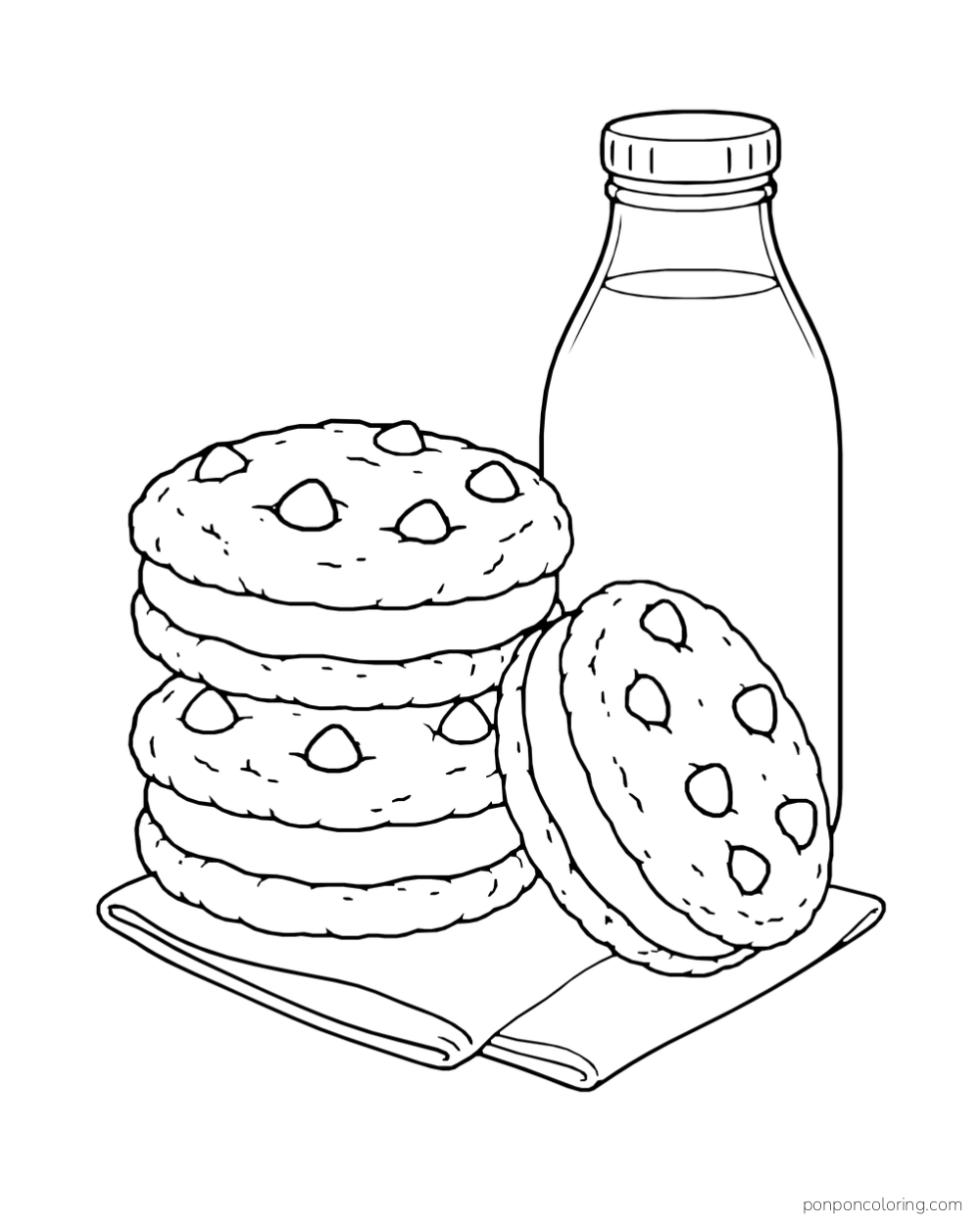 A stack of chocolate chip sandwich cookies rests beside a bottle of milk.