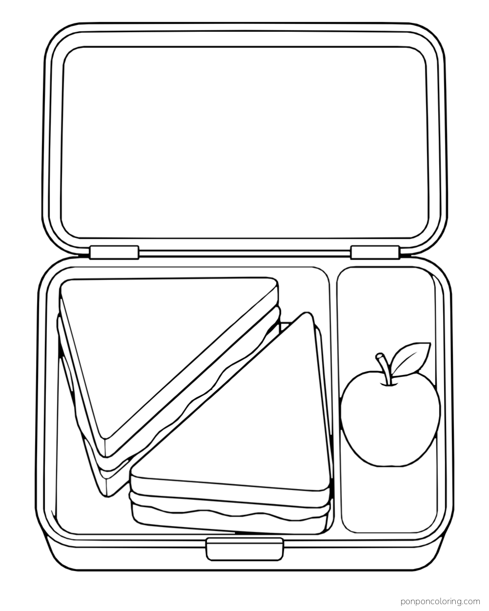 Two stacked bread sandwiches and an apple fill an open rectangular lunch box.