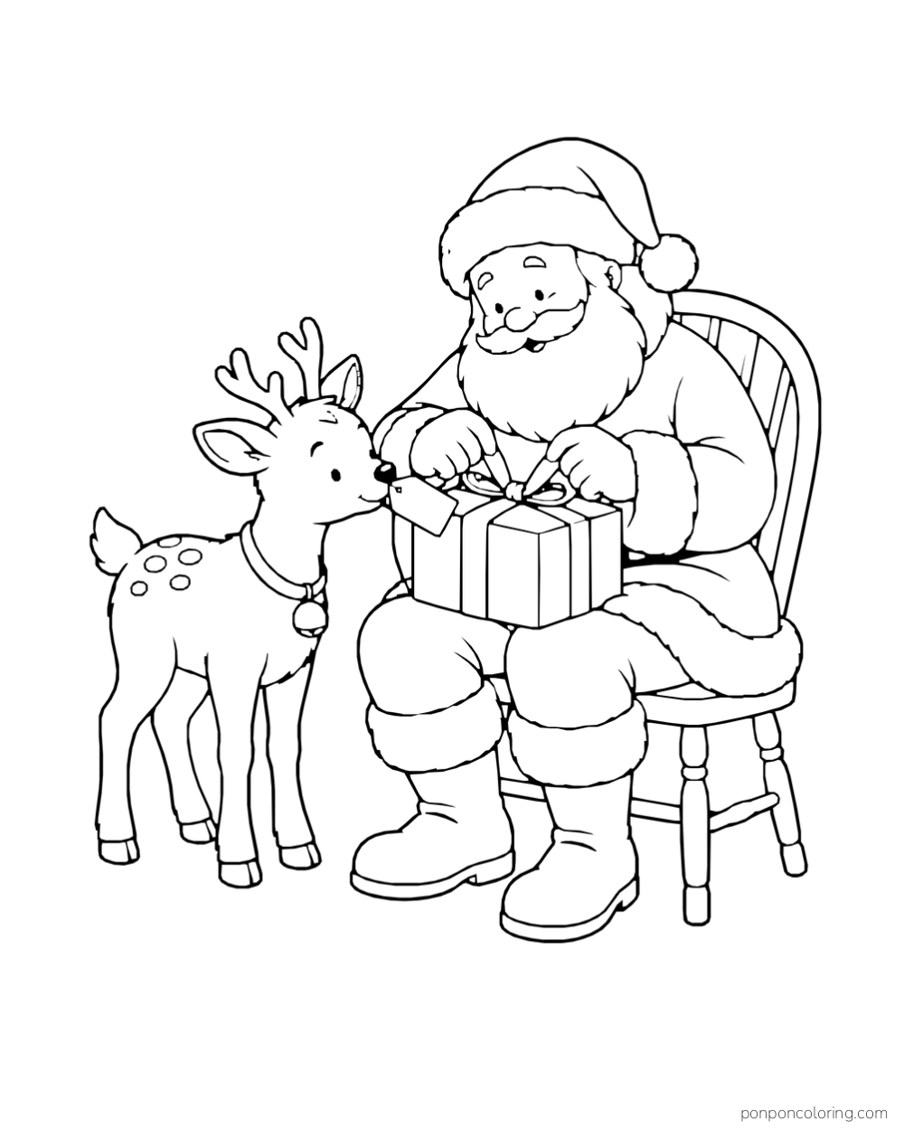 Santa ties a ribbon on a gift while a young reindeer sniffs its blank tag.