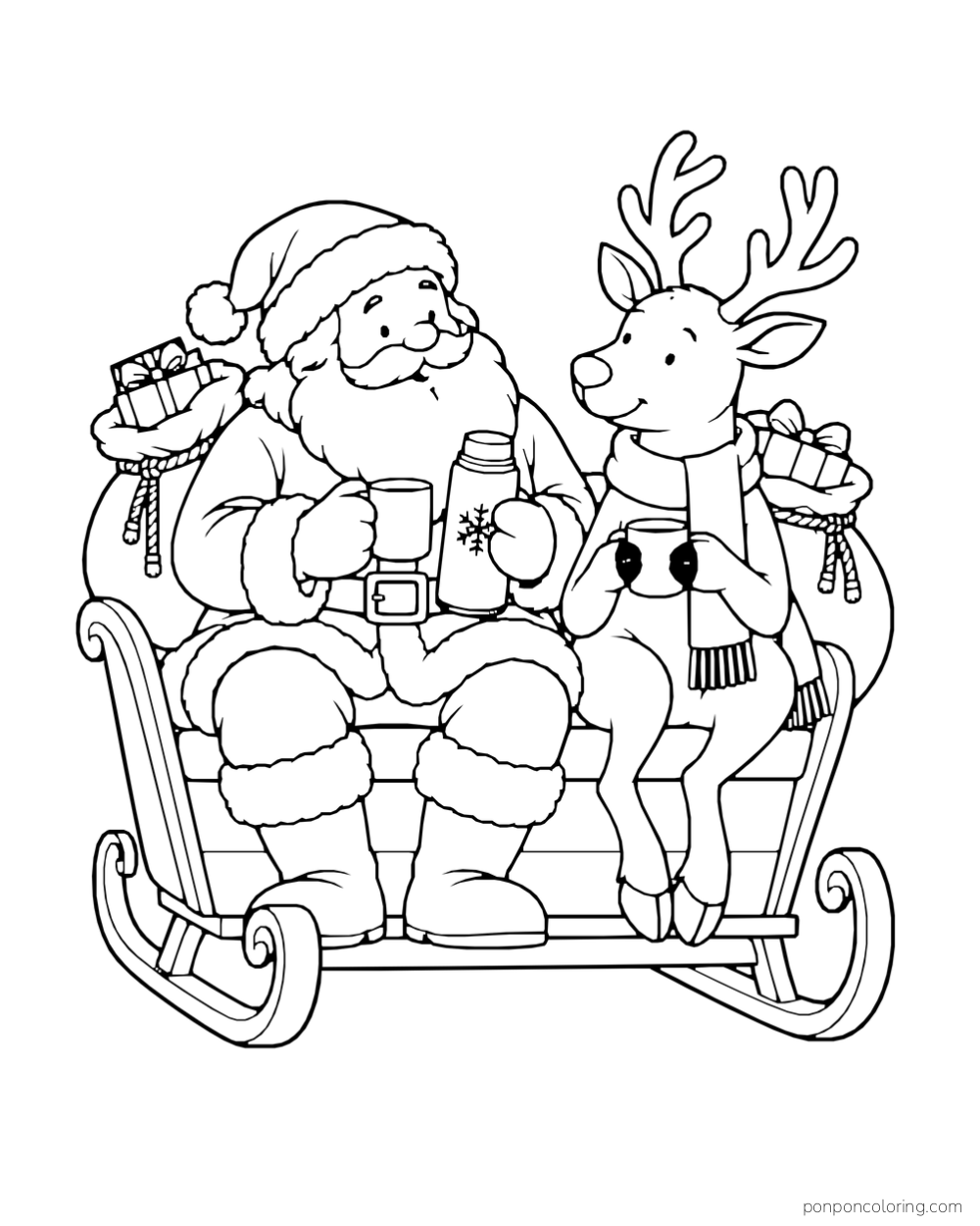 Santa and a reindeer drink cocoa on a sleigh with gift sacks behind them.