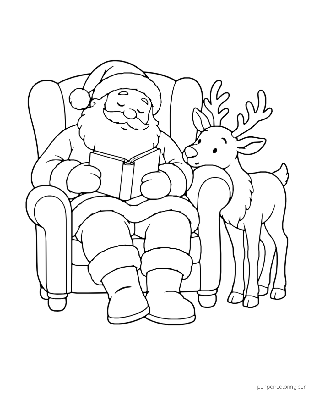 Santa sleeps with an open book in an armchair while a reindeer rests its head nearby.