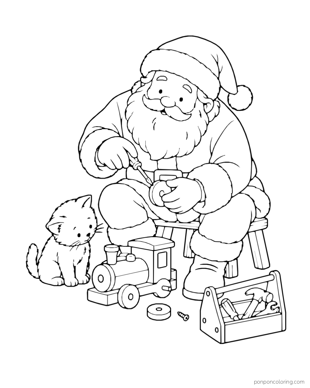 Santa sits on a stool fixing a toy train wheel while a kitten watches beside a toolbox.