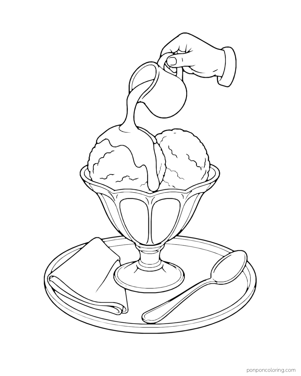 A small pitcher pours sauce over a two-scoop glass sundae on a tray with a spoon and napkin.