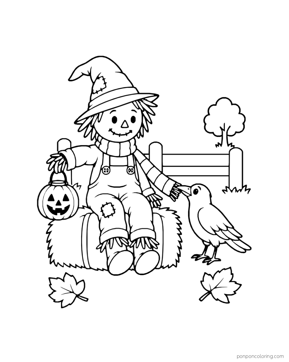 A crow gently tugs the scarf of a smiling scarecrow seated on a hay bale beside a pumpkin lantern.