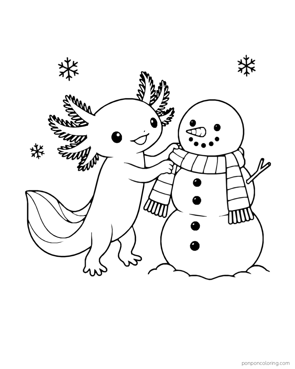 Axolotl reaching toward a snowman's scarf beneath scattered snowflakes.