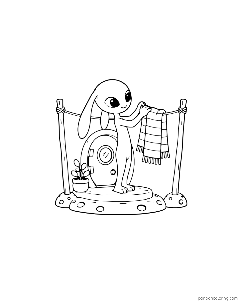 An alien hangs a scarf on a line beside a small hatch.
