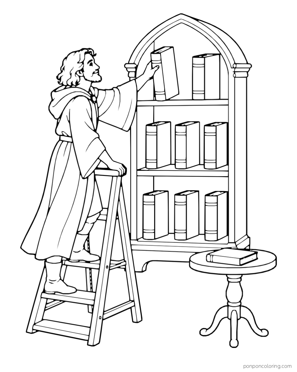 A scholar on a short ladder reaching for a book on an arched shelf, with another book on a small table.