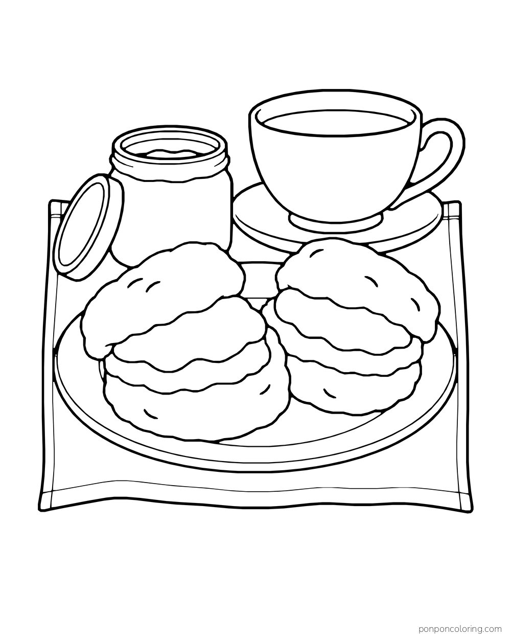 Two large scones, an open jam jar, and a teacup sit on a tray.