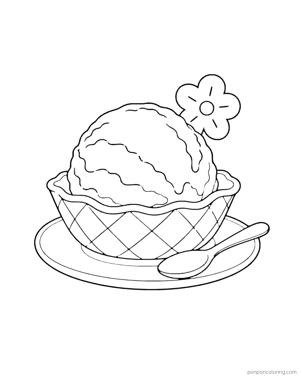 A large single ice cream scoop sits in a wide waffle bowl on a saucer beside a spoon and flower-shaped wafer.