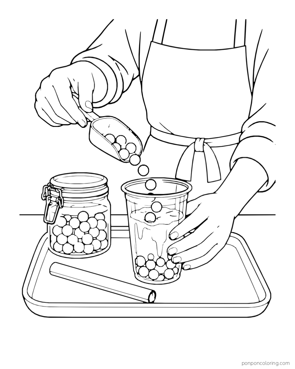 One hand tips round pearls from a scoop into a boba cup while another steadies the cup.