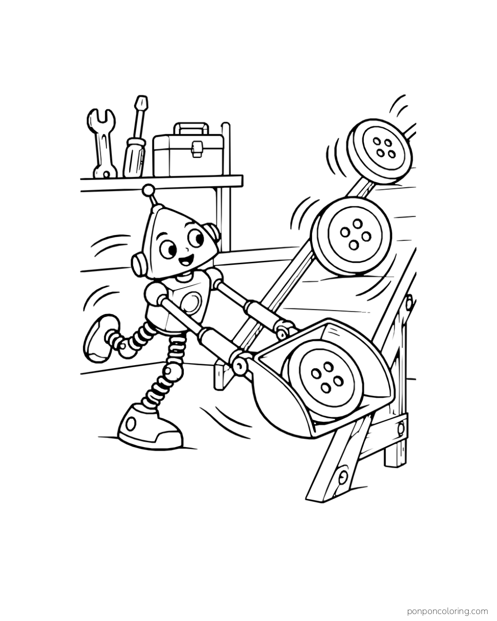 A spring-legged robot catches giant rolling buttons with a scoop.