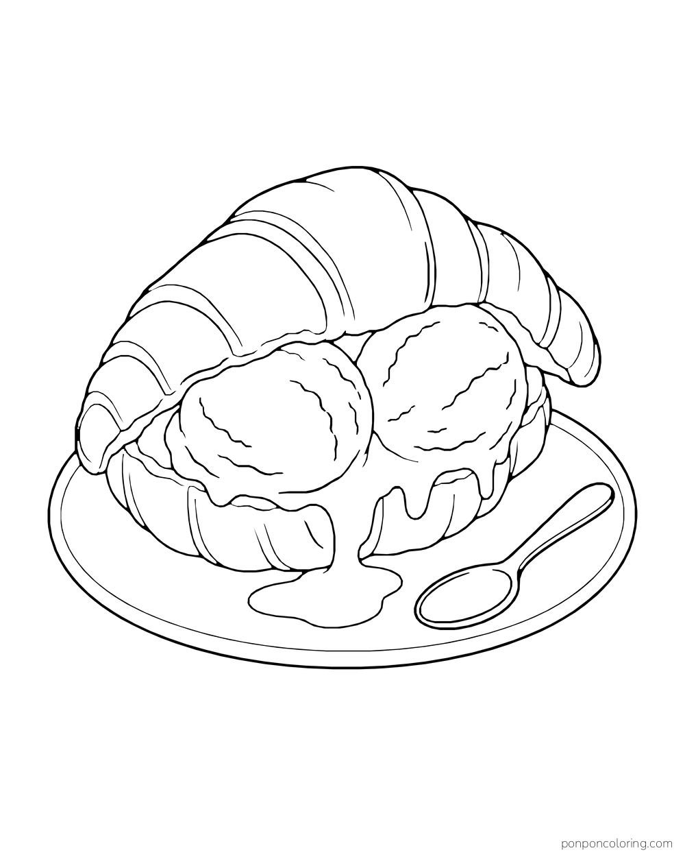 Two ice cream scoops sit inside a split croissant on a complete plate beside a spoon.