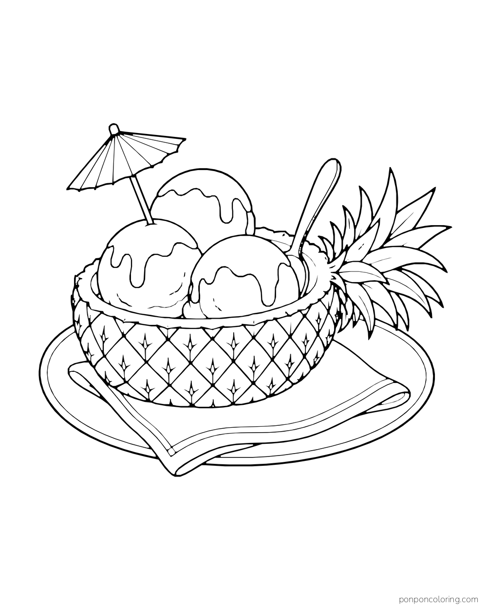 Three ice cream scoops sit in a pineapple half beneath a small parasol on an oval tray.