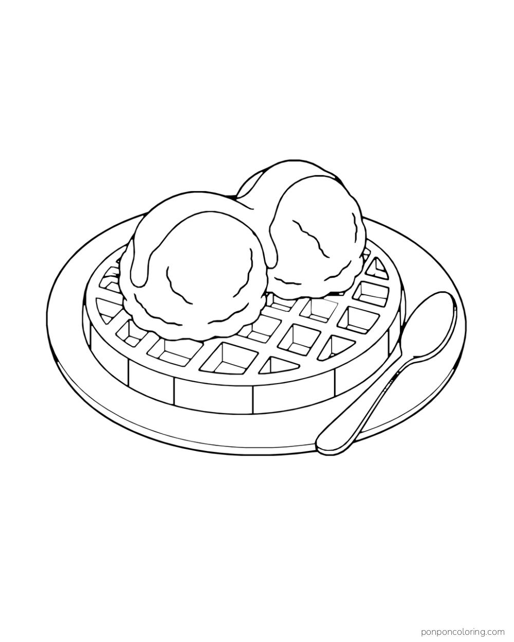 Two ice cream scoops rest on a flat round waffle on a plate beside a spoon.