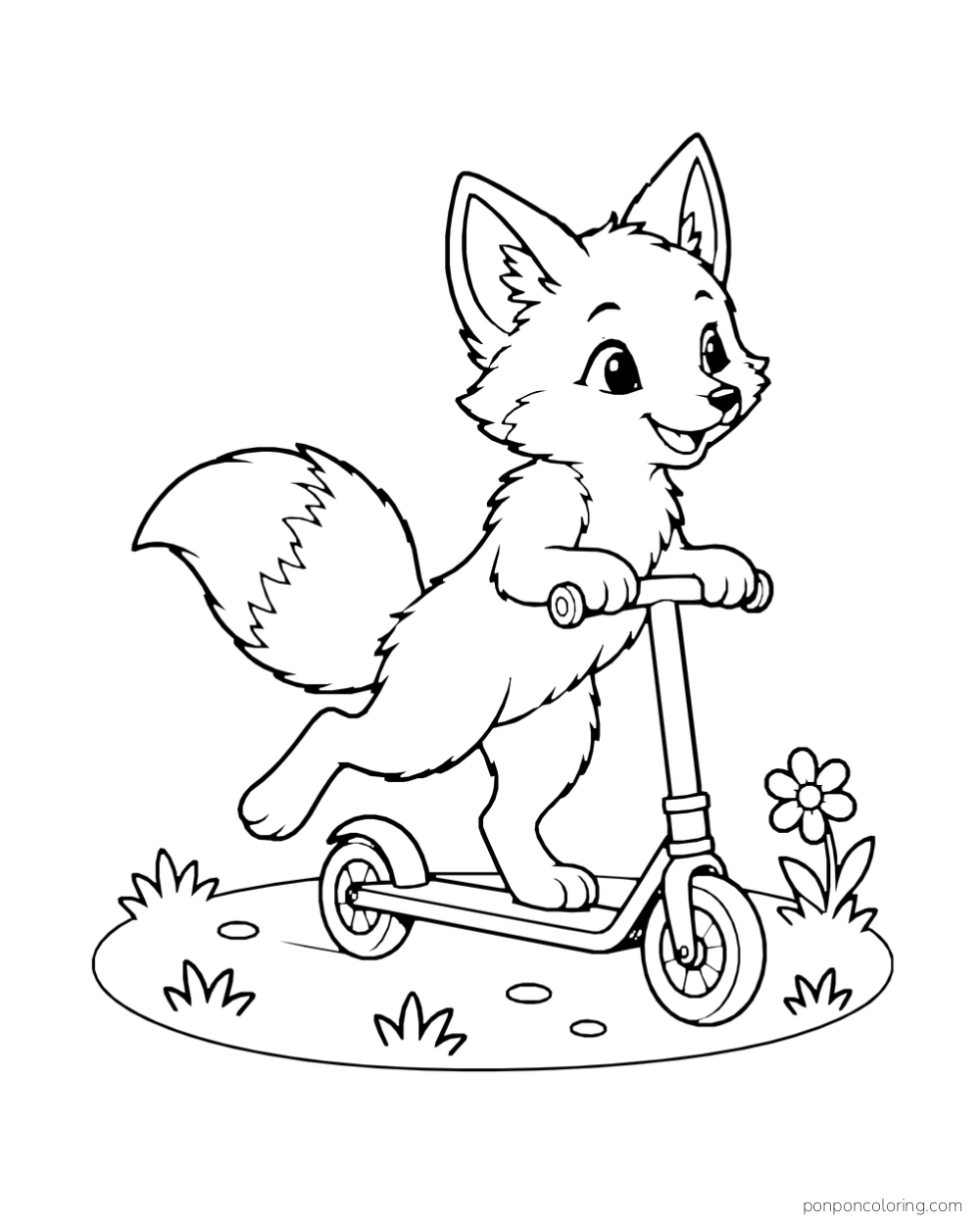 A fox kit balances on a scooter above a small oval path with one flower.