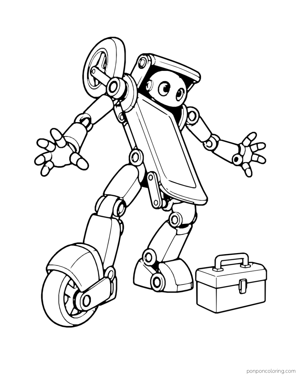 Scooter unfolds into a standing robot with a wheel shoulder and hinged feet.