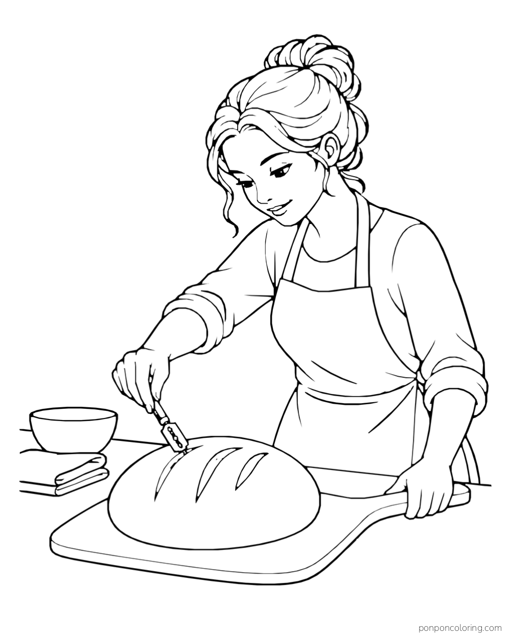 An adult baker uses a small blade to score a round loaf on a board beside folded towels and a bowl.