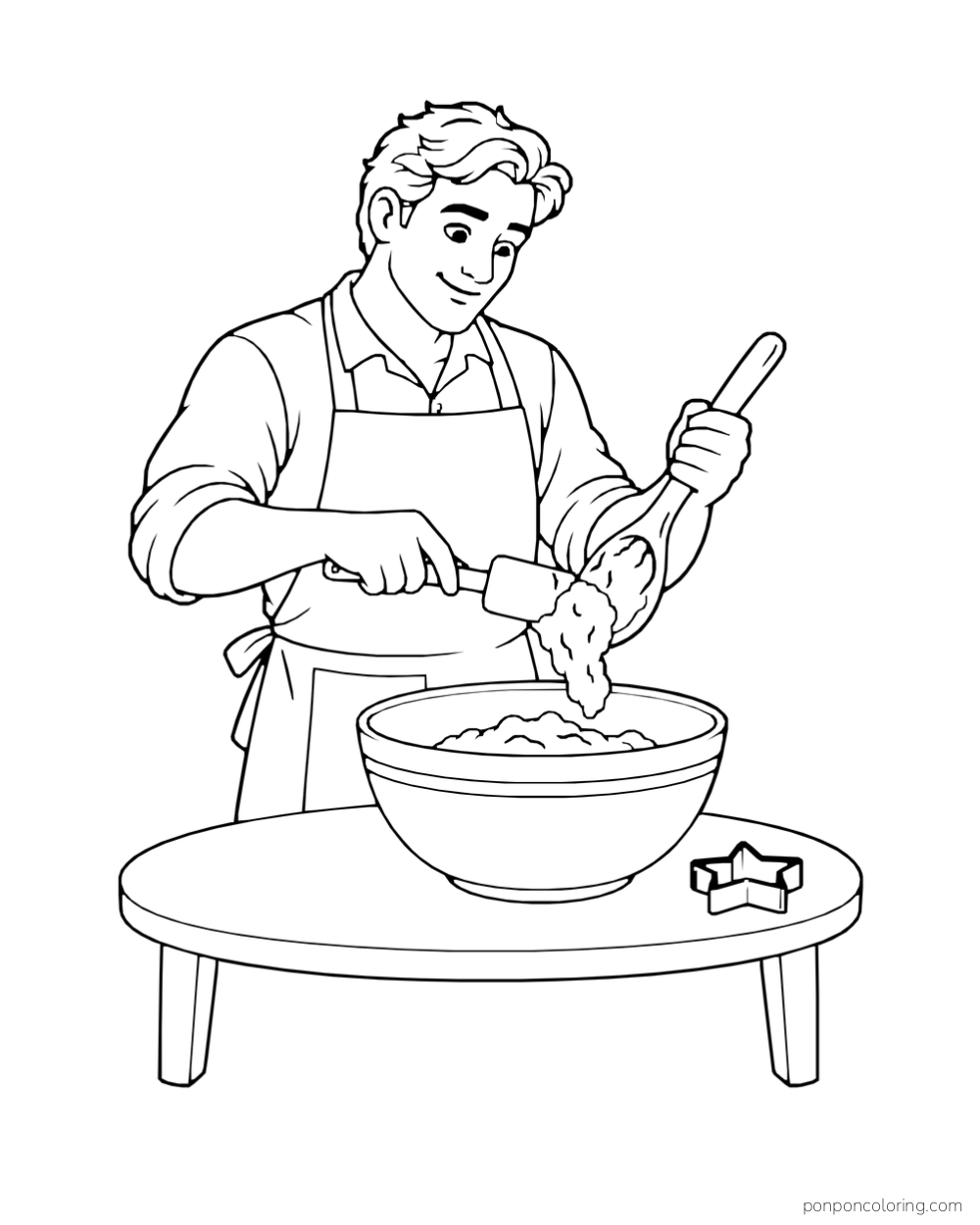 A baker scrapes dough from a spoon into a mixing bowl on a small table.