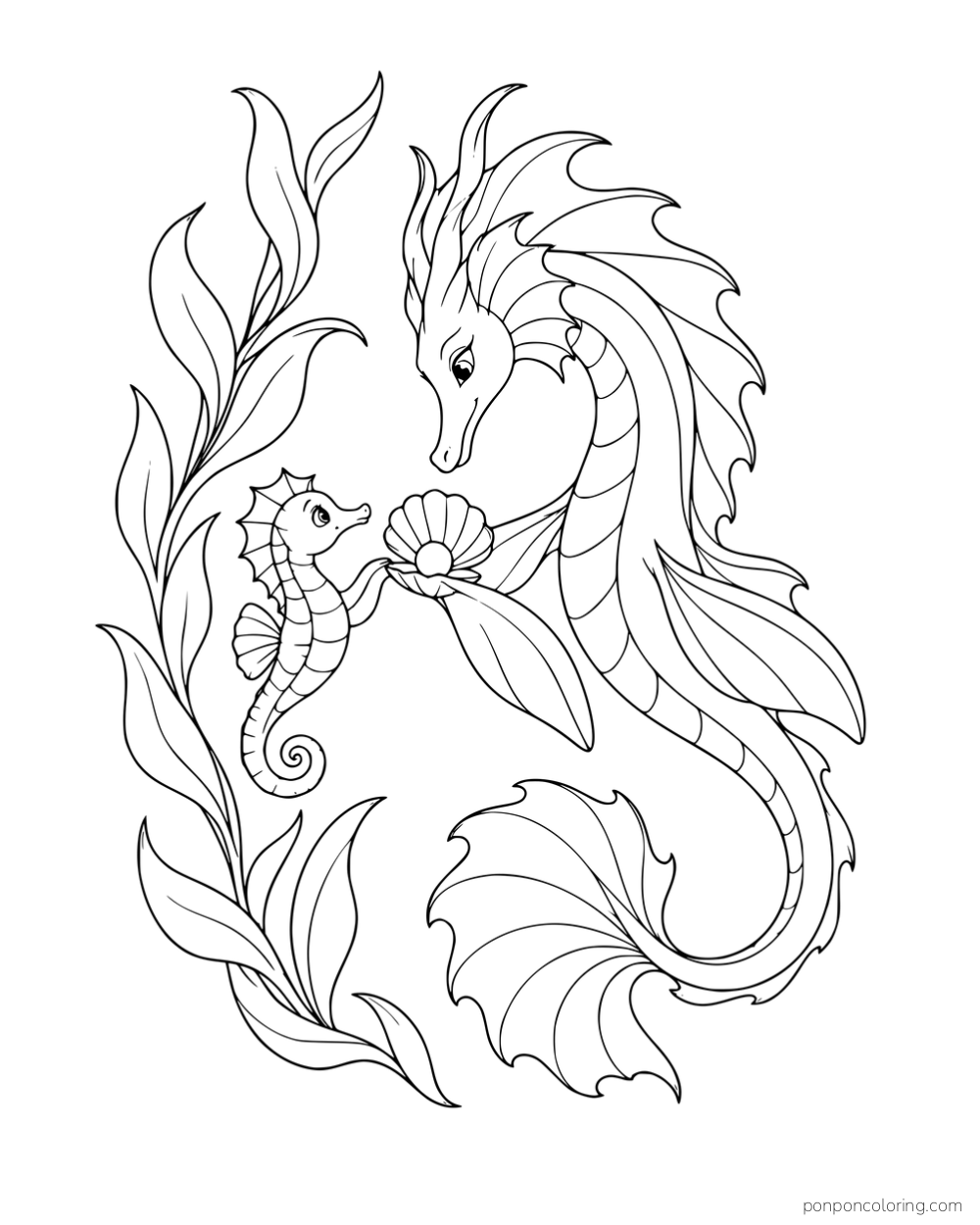 A sea dragon offering a shell to a seahorse beside a tall kelp frond.