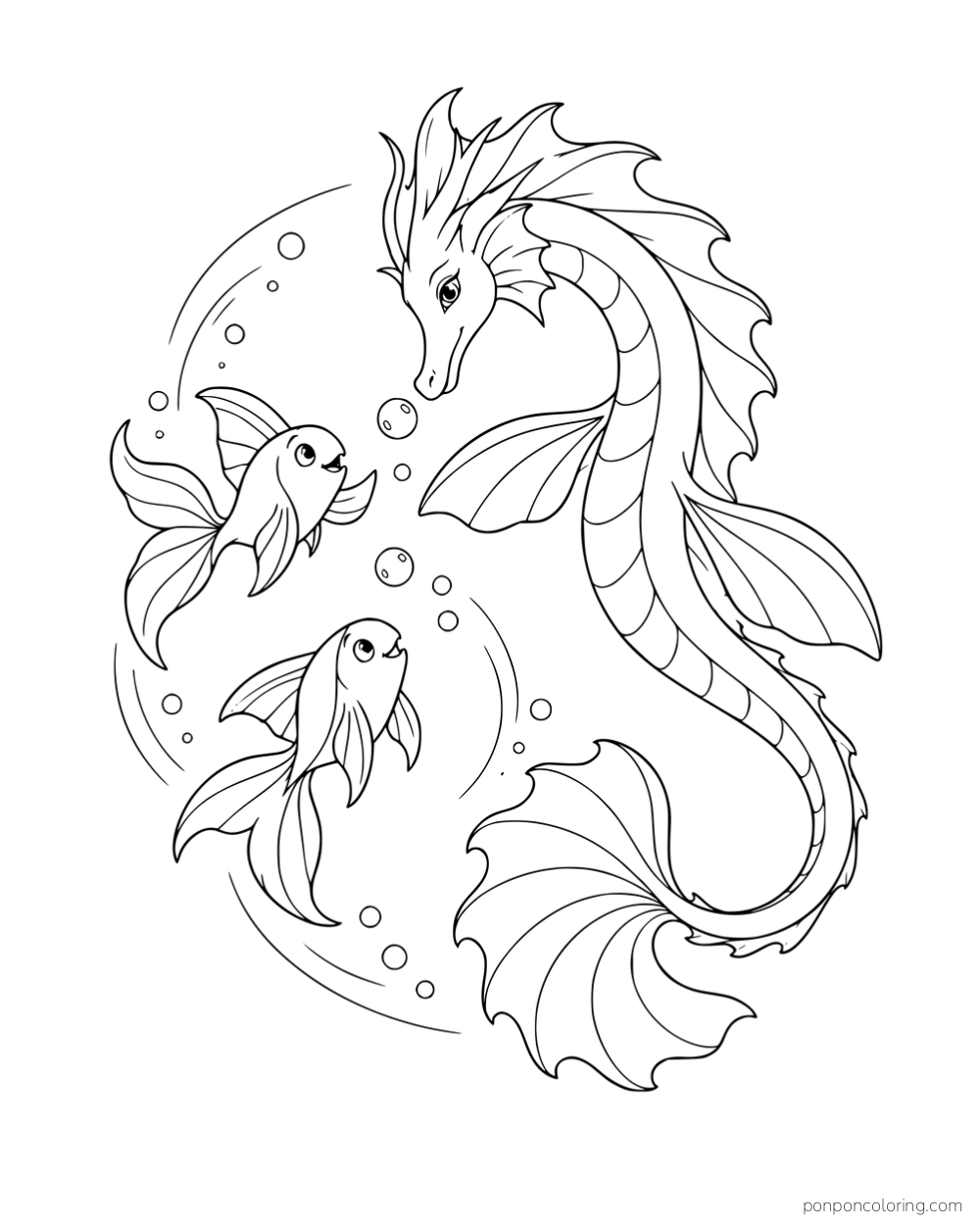 A sea dragon swimming with two flowing-finned fish and bubbles.
