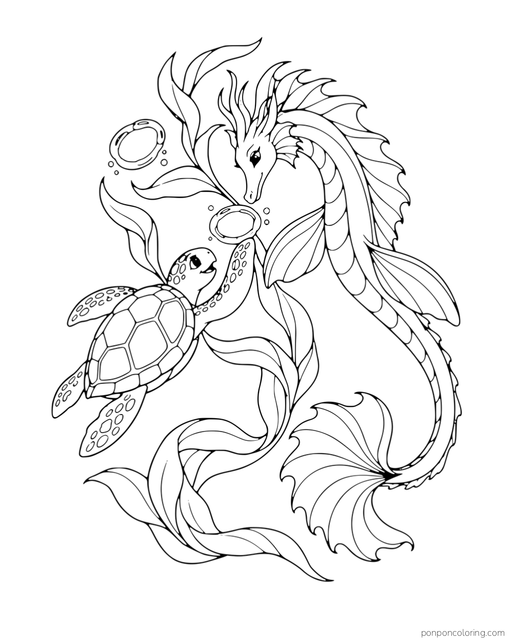 A sea dragon and a turtle swimming beside kelp and two bubble rings.