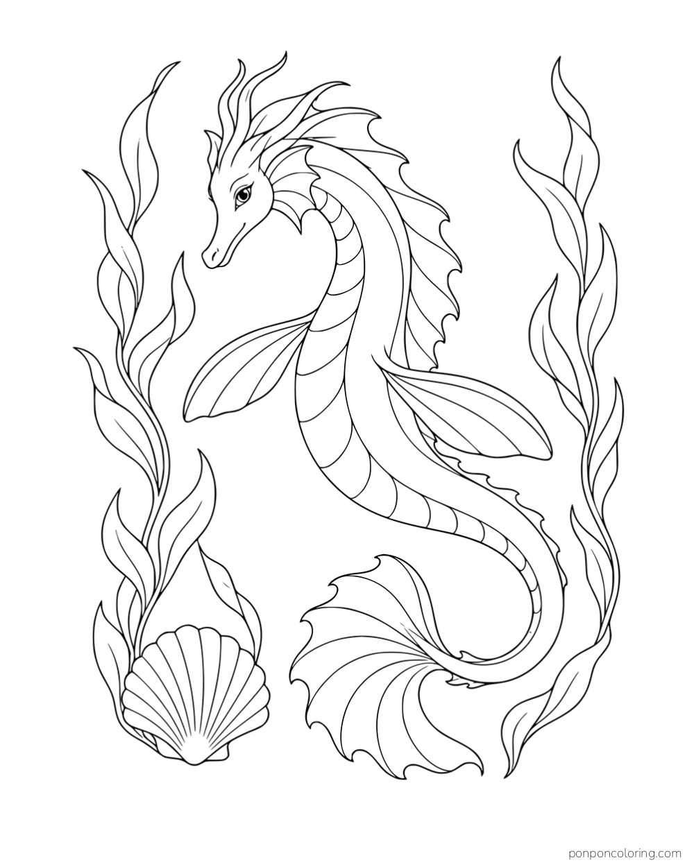 A sea dragon with broad fins swimming between two kelp fronds beside a scallop shell.