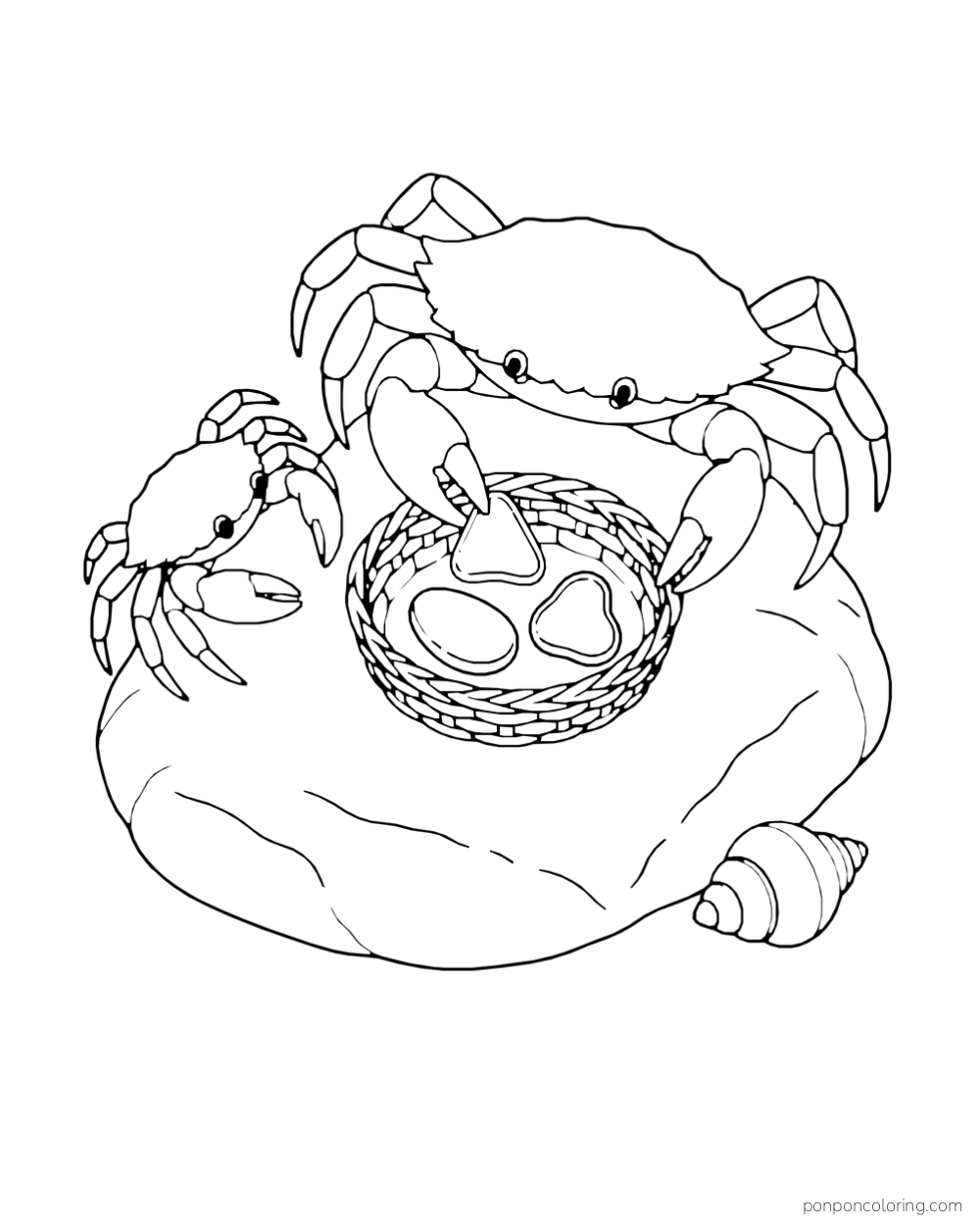 Two crabs place three smooth pieces into a woven basket on a sandy patch.