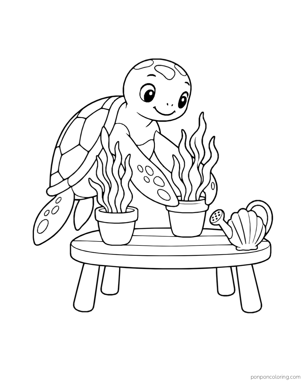 A sea turtle arranging seaweed pots on a small wooden table with a shell-shaped watering can.