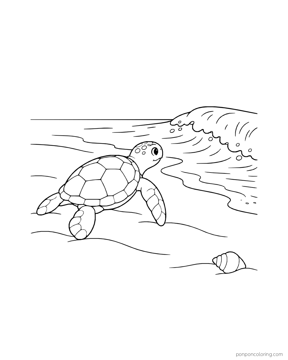 A sea turtle moves across the sand toward a gentle shore wave.