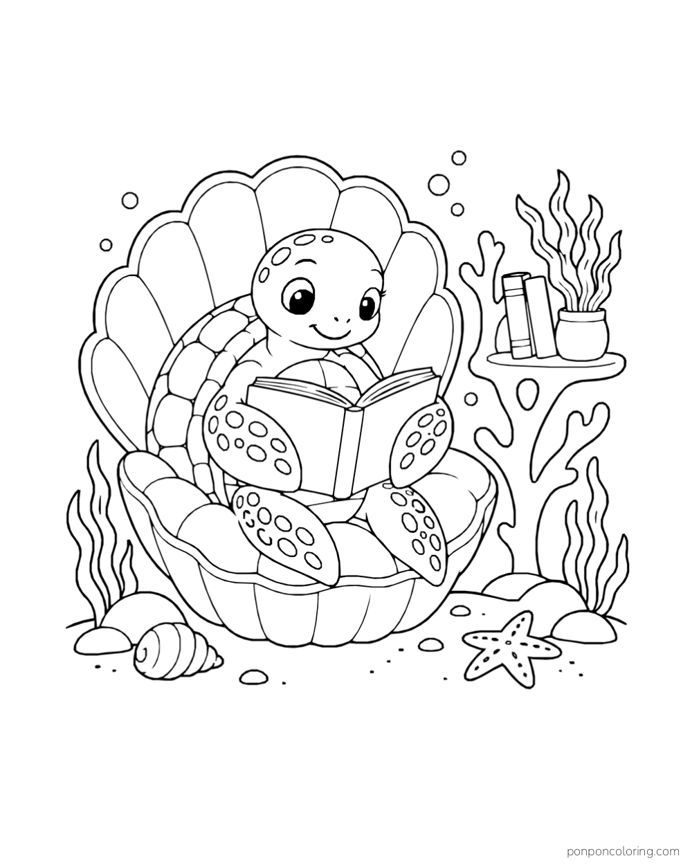 A sea turtle holding an open book in a cushioned shell-shaped chair beside a coral shelf with books and a seaweed plant.