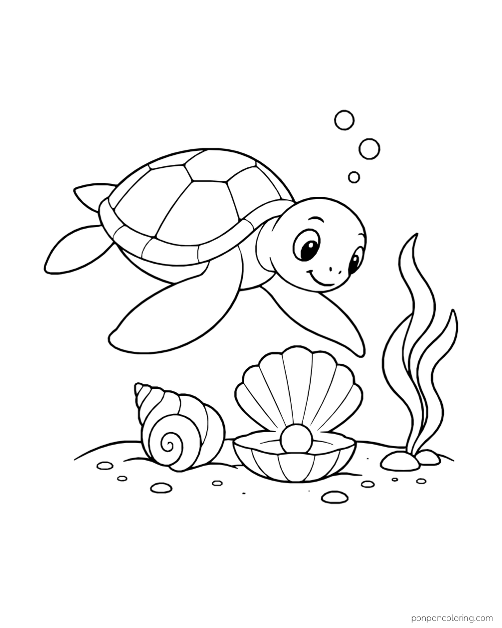 A sea turtle swimming toward an open shell with a pearl, beside a spiral shell, seaweed, and small stones.