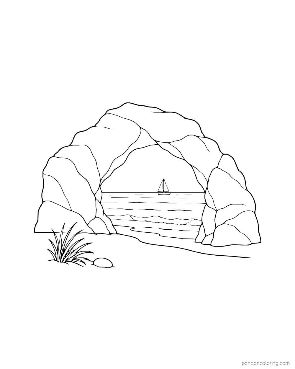 A natural coastal rock arch frames the sea and a distant sailboat.