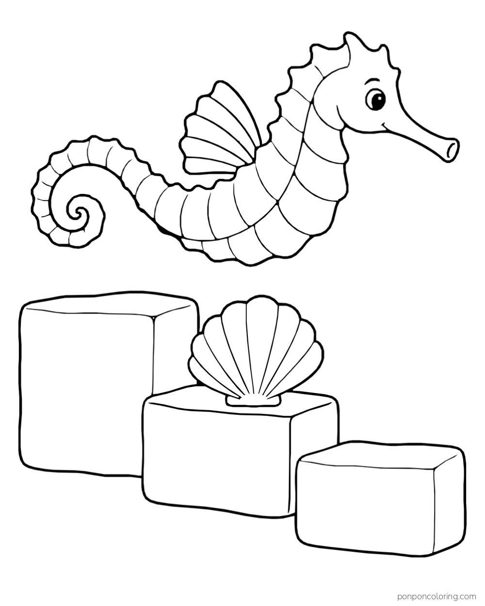A seahorse swimming above three broad stone steps with a fan shell resting on the middle step.