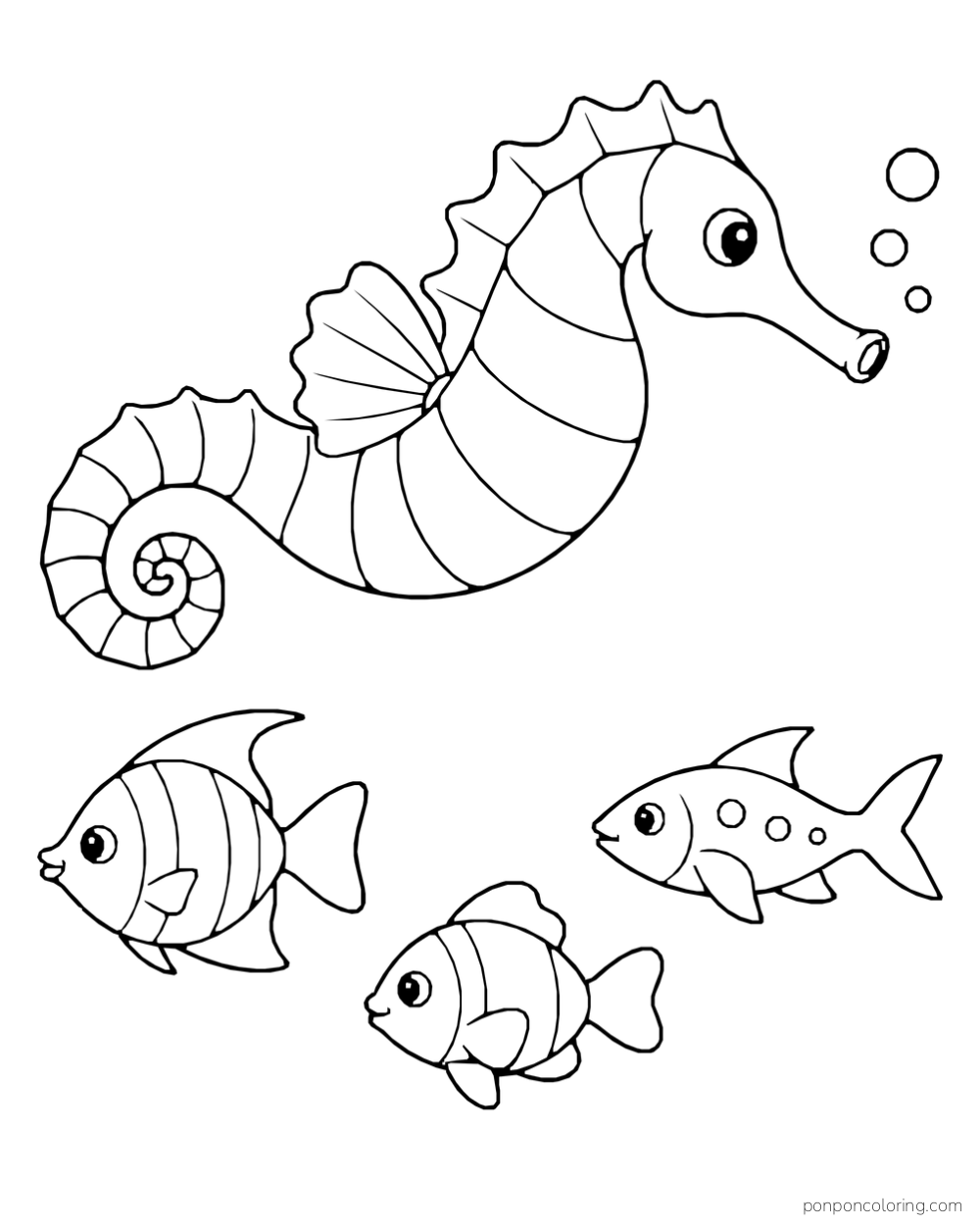 A seahorse swimming above three small fish of different patterns in open water.