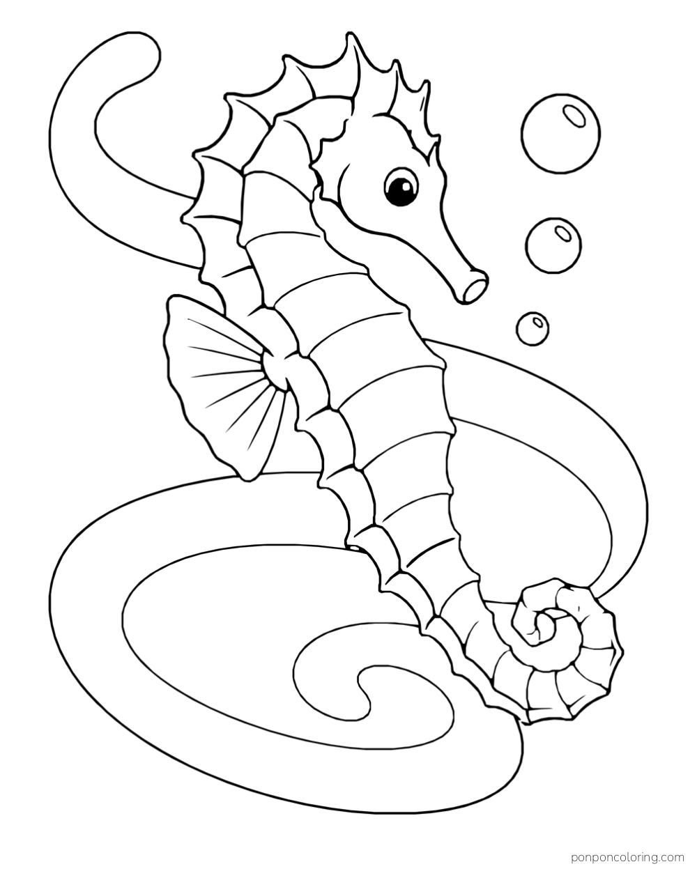 A seahorse beside wide spiral bands of current, with three bubbles near its head.