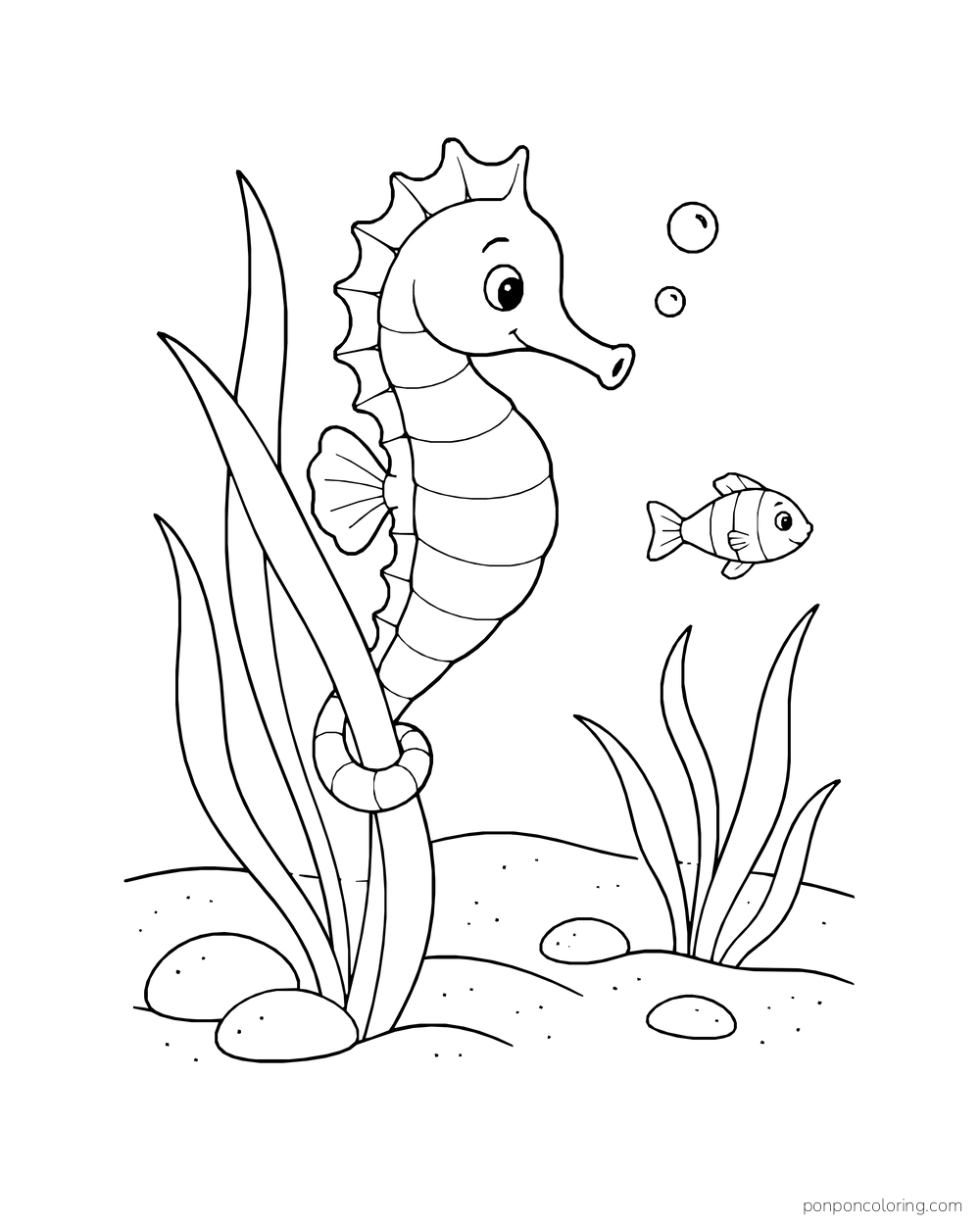 A seahorse curls its tail around sea grass while a small fish passes nearby.